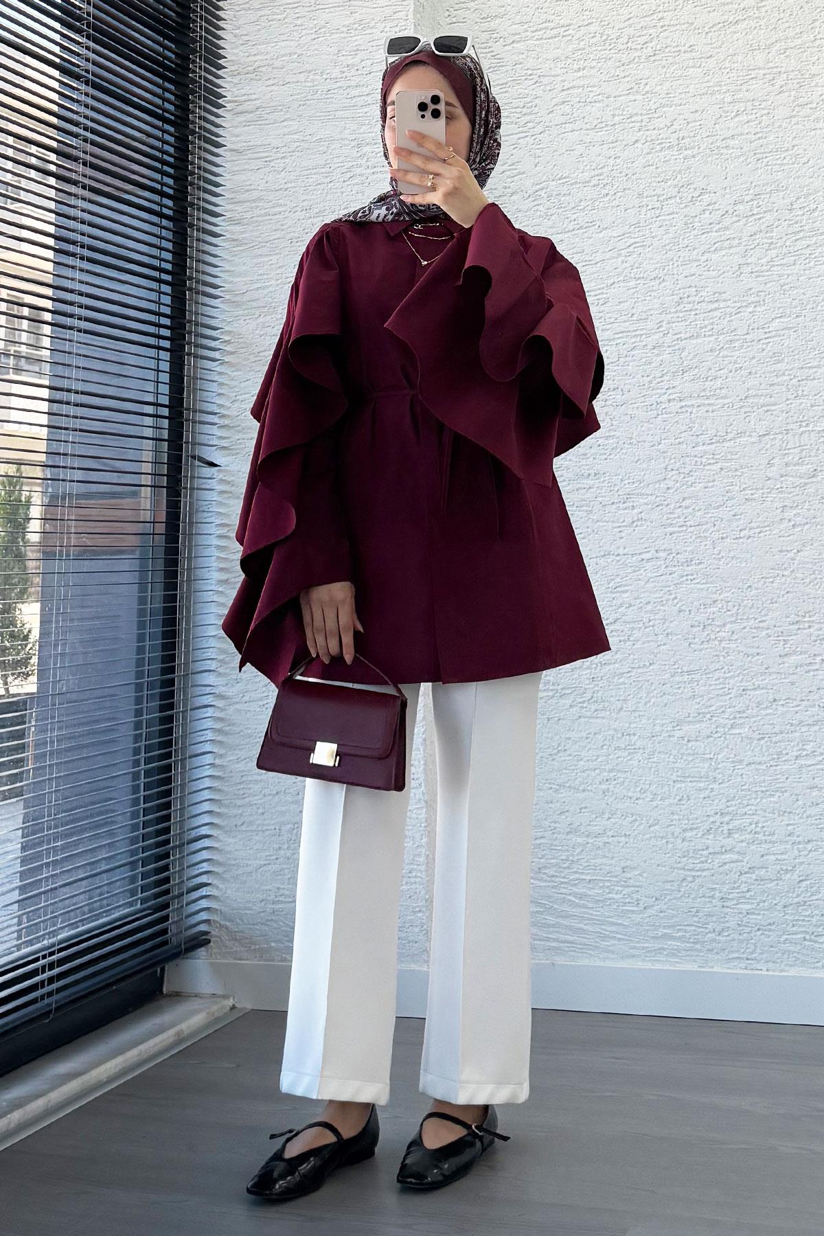 Premium Kol Volanlı Poplin Tunik – Bordo