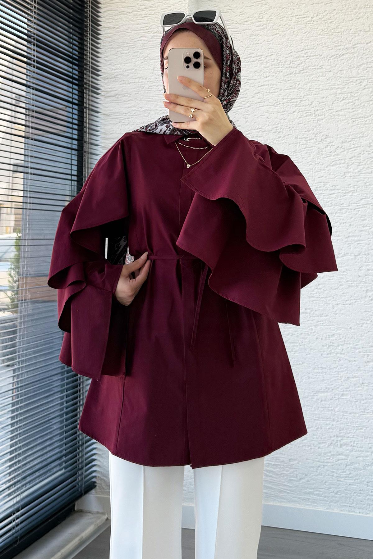 Premium Kol Volanlı Poplin Tunik – Bordo
