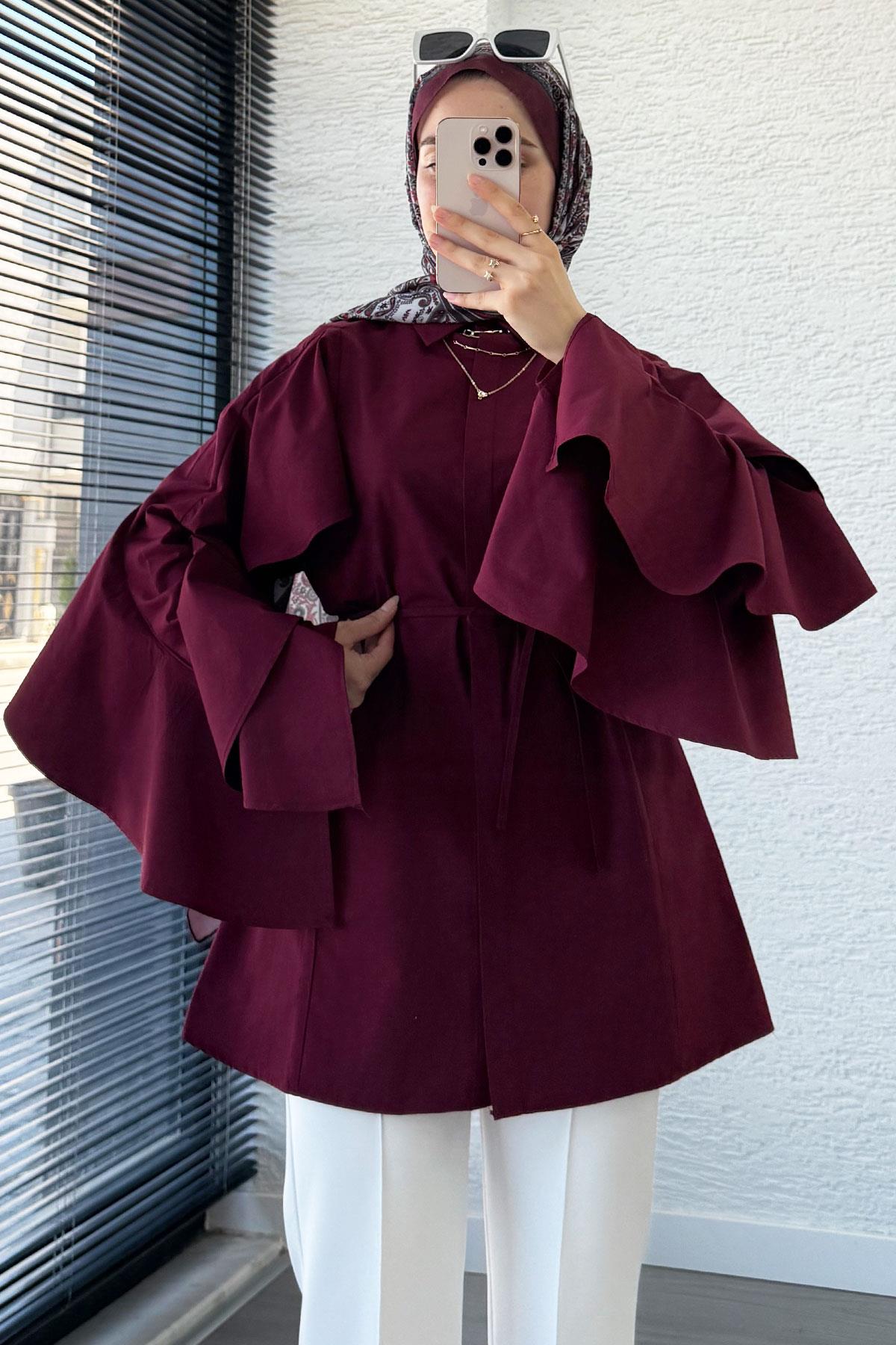 Premium Kol Volanlı Poplin Tunik – Bordo