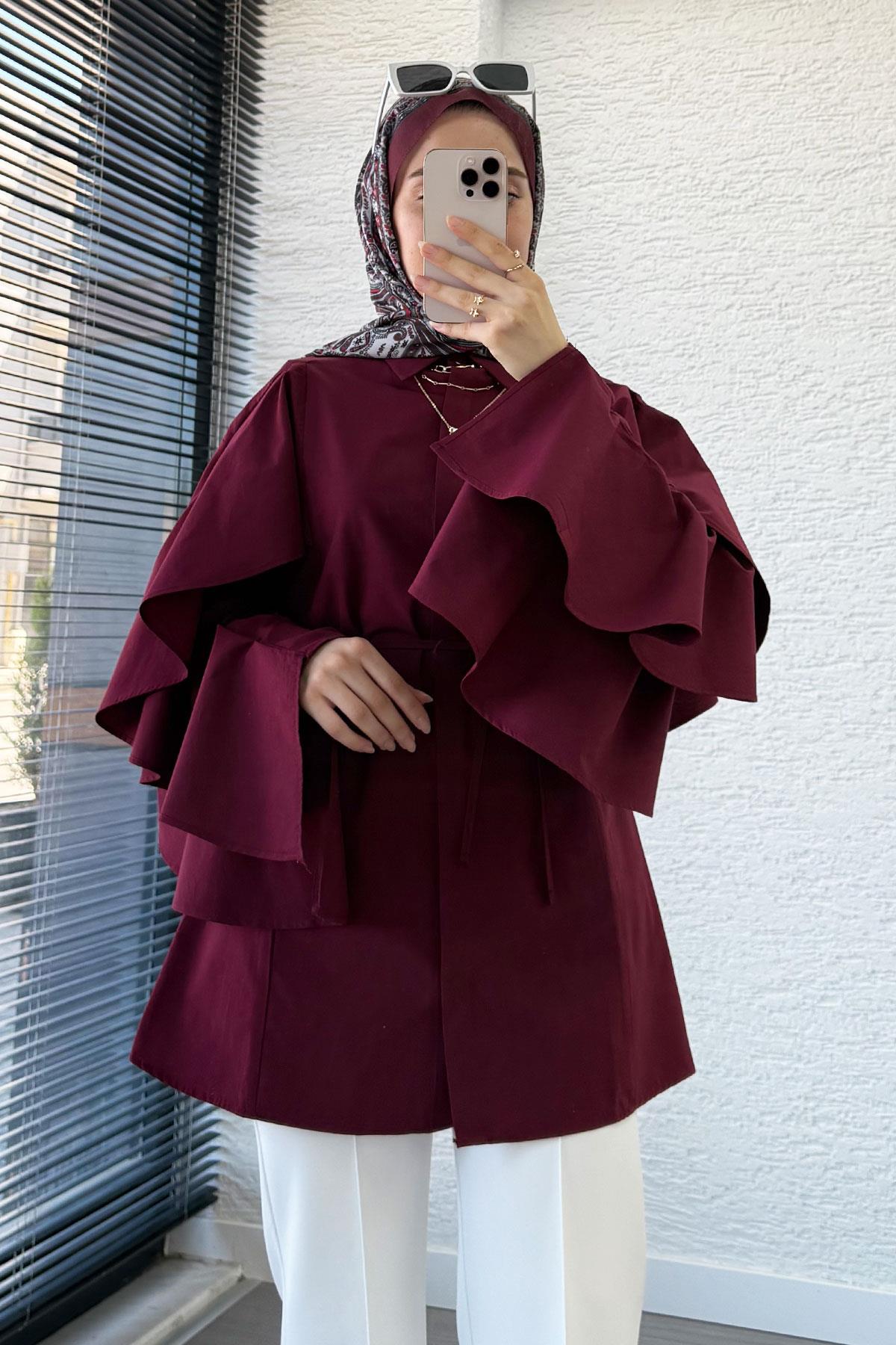 Premium Kol Volanlı Poplin Tunik – Bordo