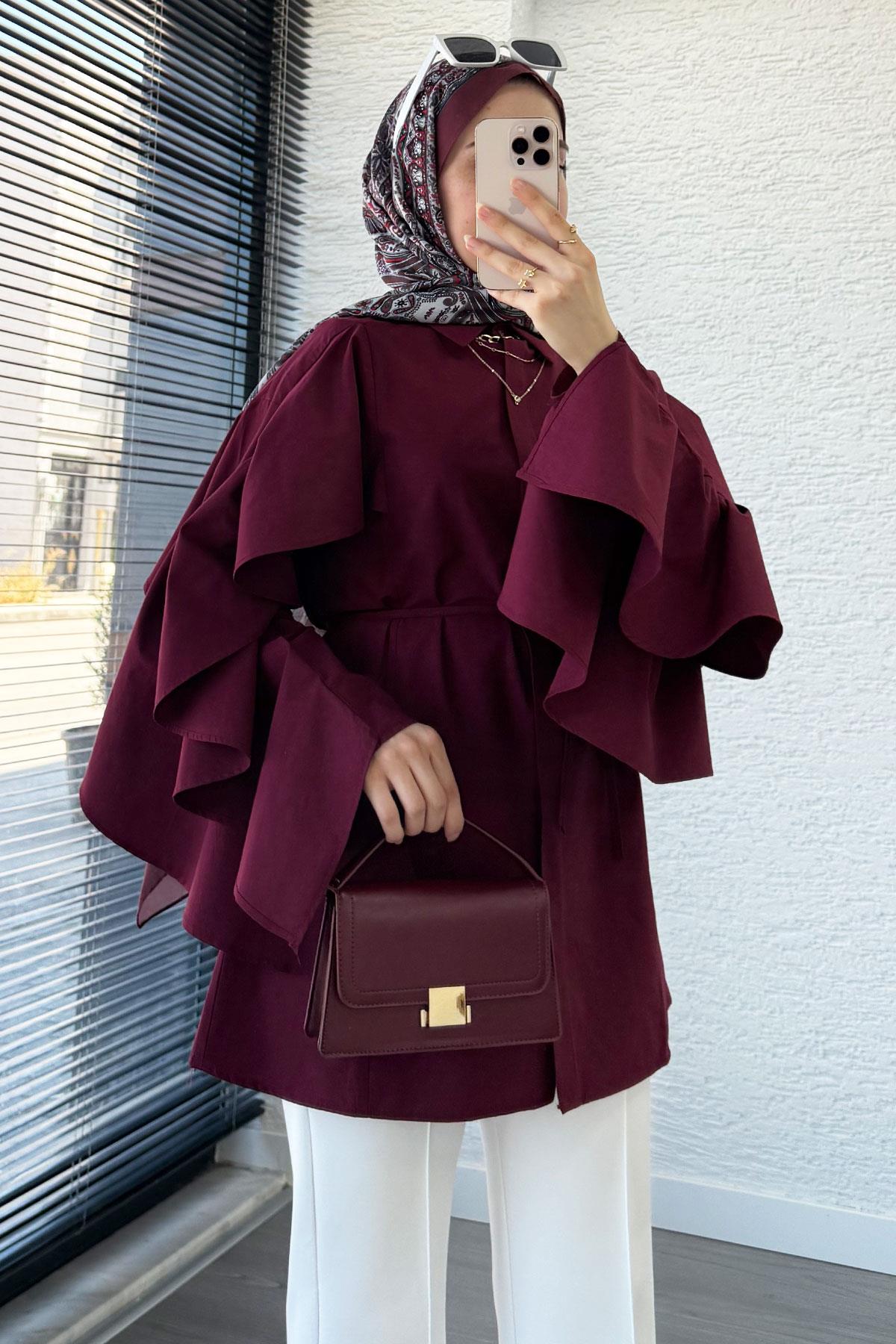 Premium Kol Volanlı Poplin Tunik – Bordo