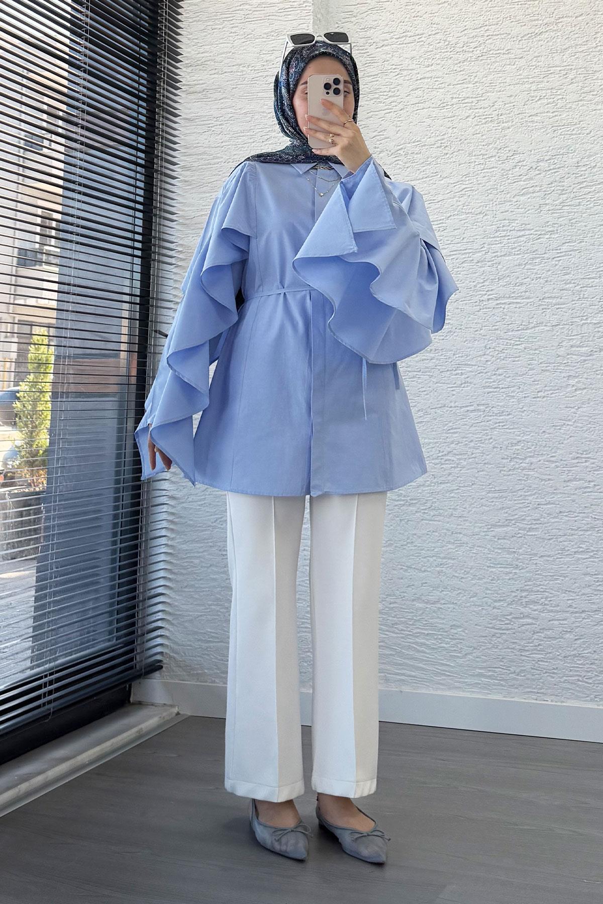 Premium Kol Volanlı Poplin Tunik – Mavi