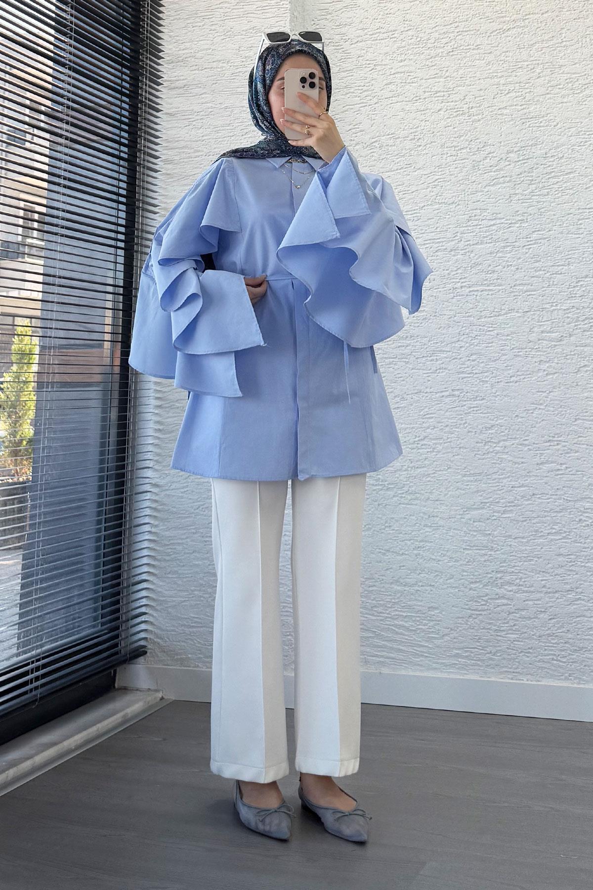 Premium Kol Volanlı Poplin Tunik – Mavi