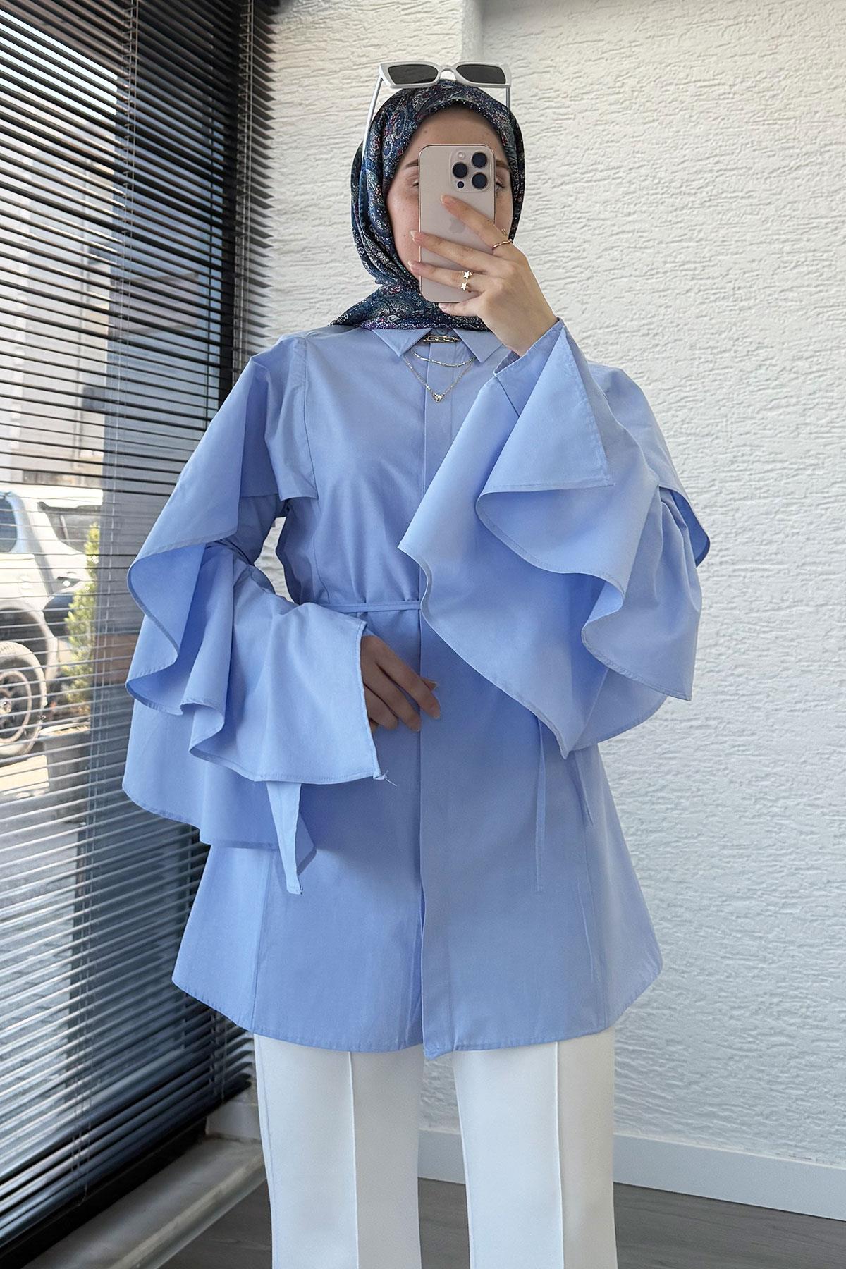 Premium Kol Volanlı Poplin Tunik – Mavi