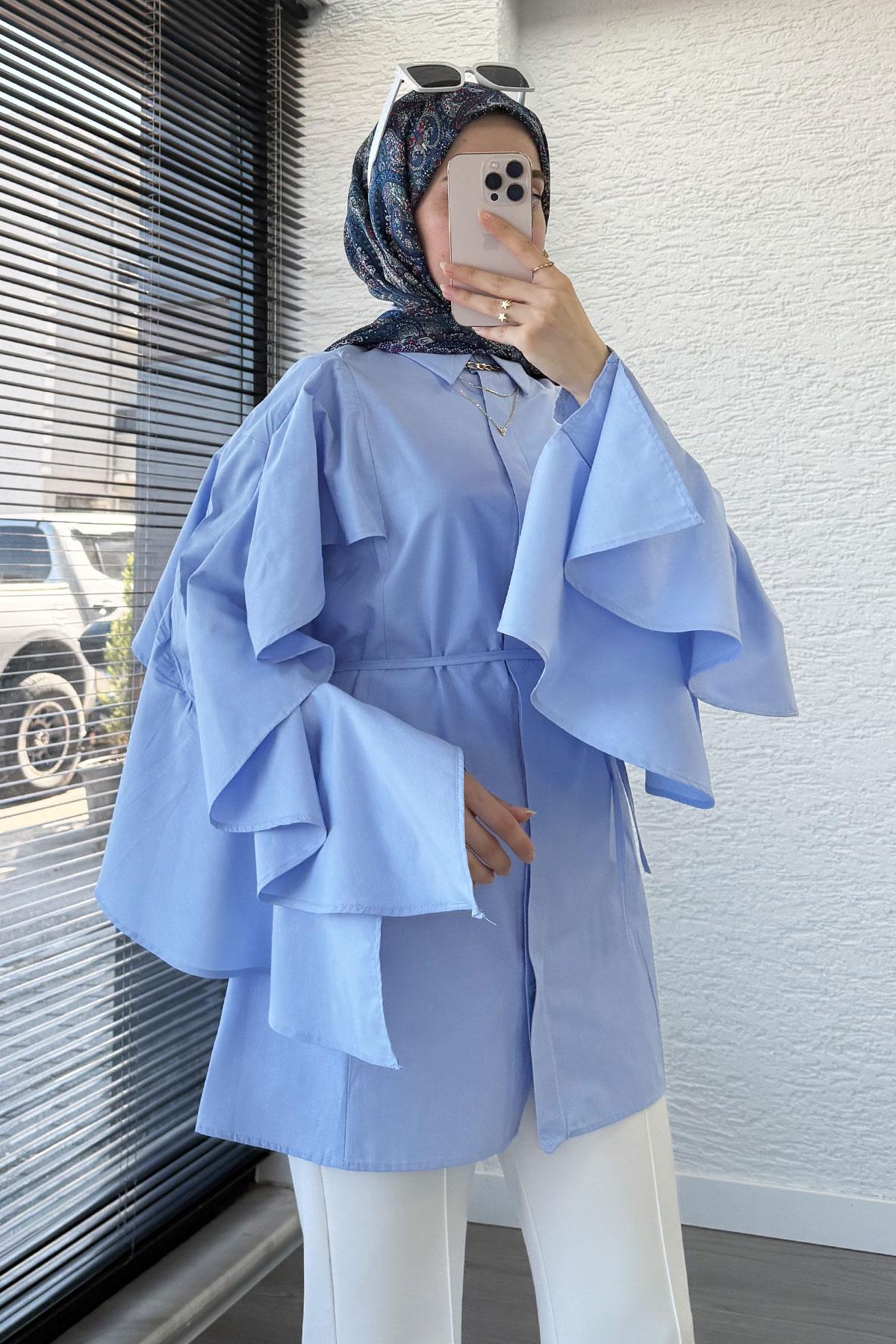 Premium Kol Volanlı Poplin Tunik – Mavi