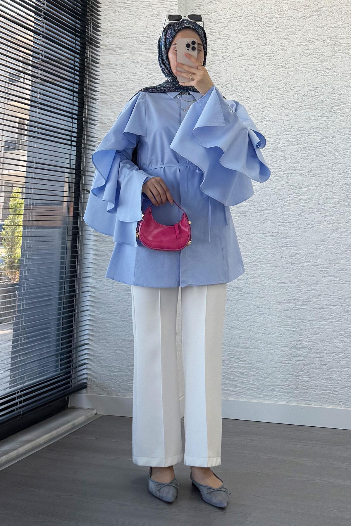 Premium Kol Volanlı Poplin Tunik – Mavi