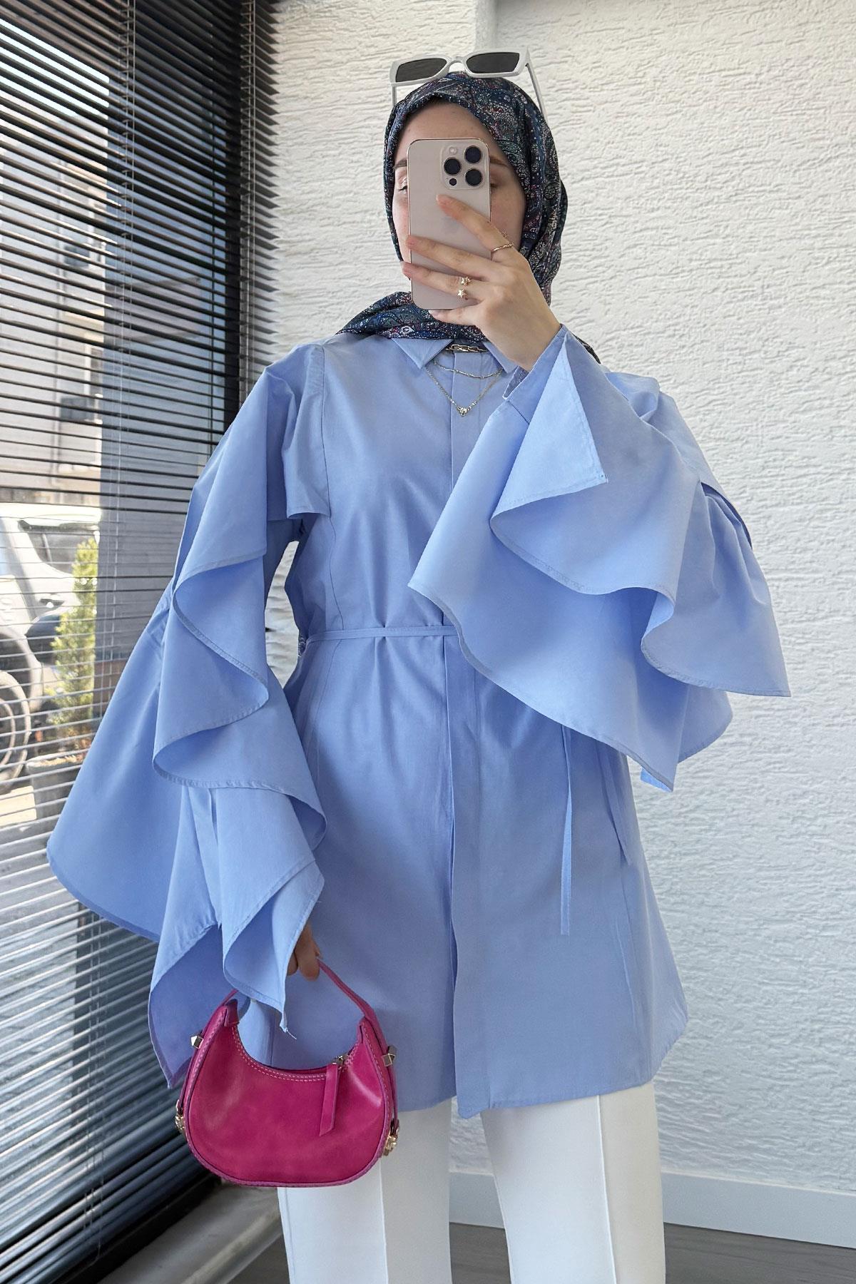 Premium Kol Volanlı Poplin Tunik – Mavi