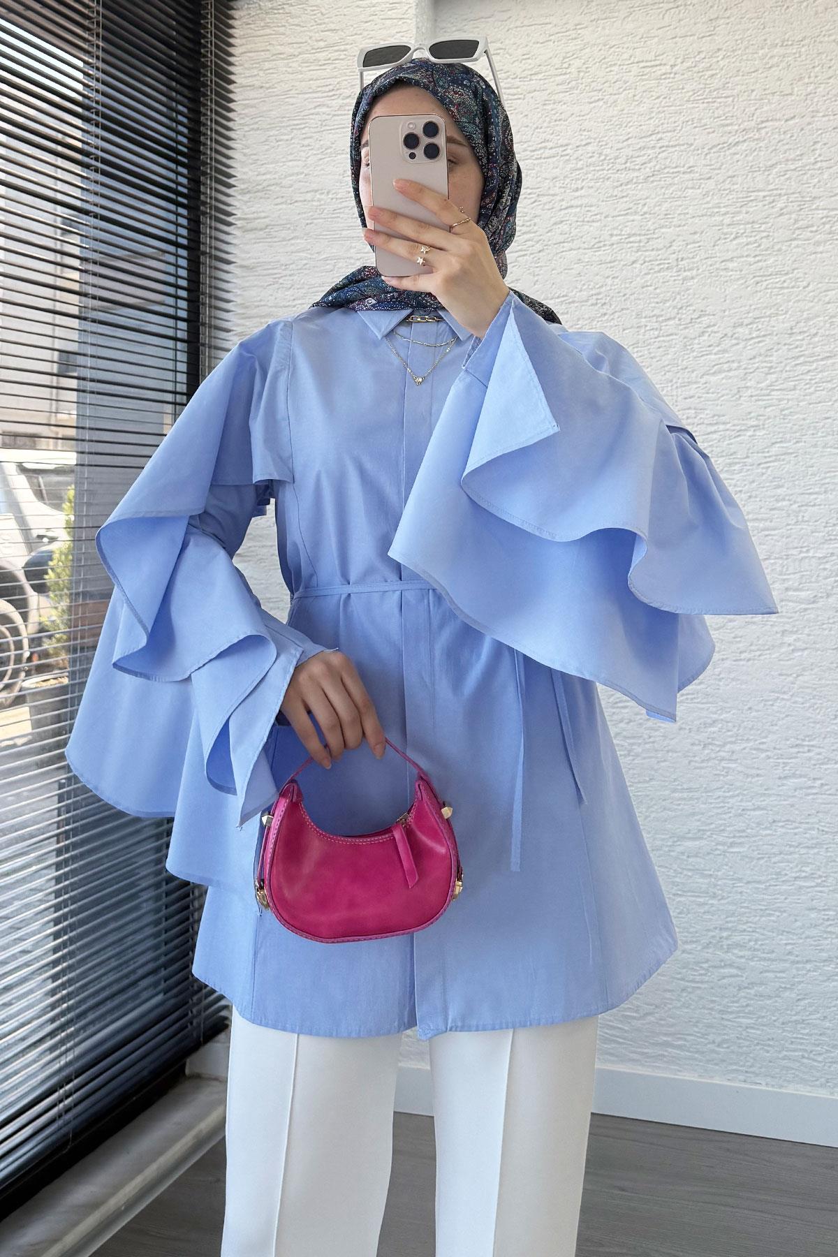 Premium Kol Volanlı Poplin Tunik – Mavi