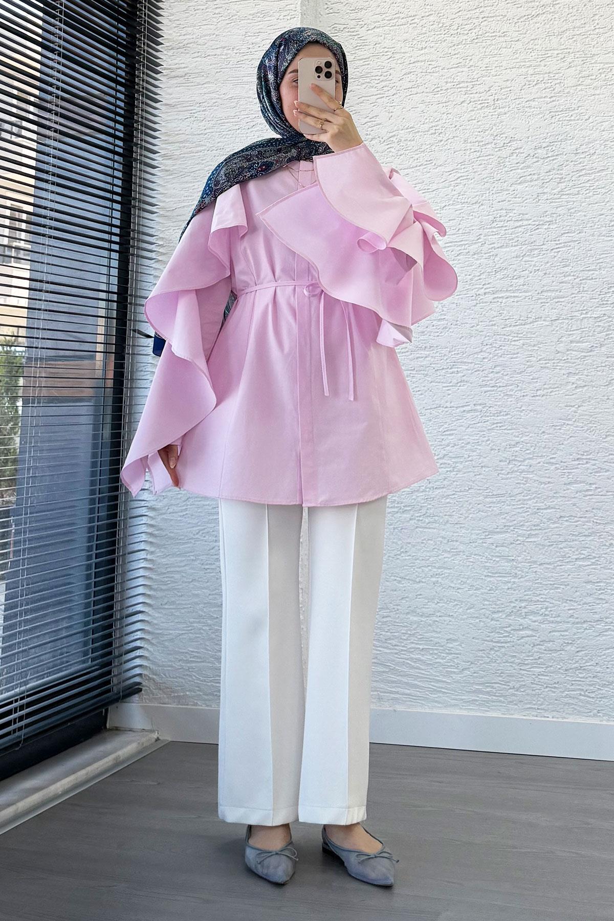 Premium Kol Volanlı Poplin Tunik – Pembe