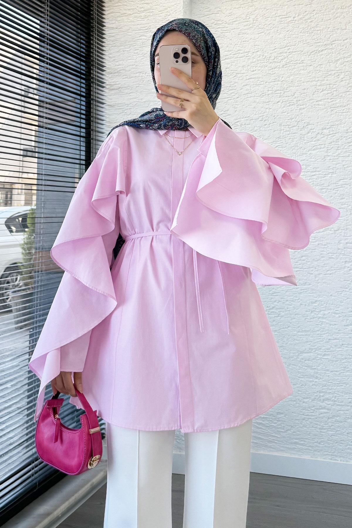 Premium Kol Volanlı Poplin Tunik – Pembe