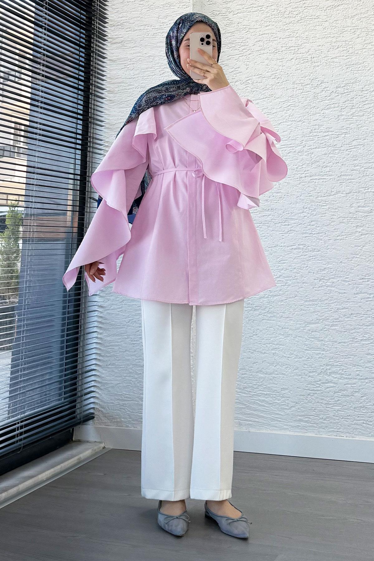 Premium Kol Volanlı Poplin Tunik – Pembe