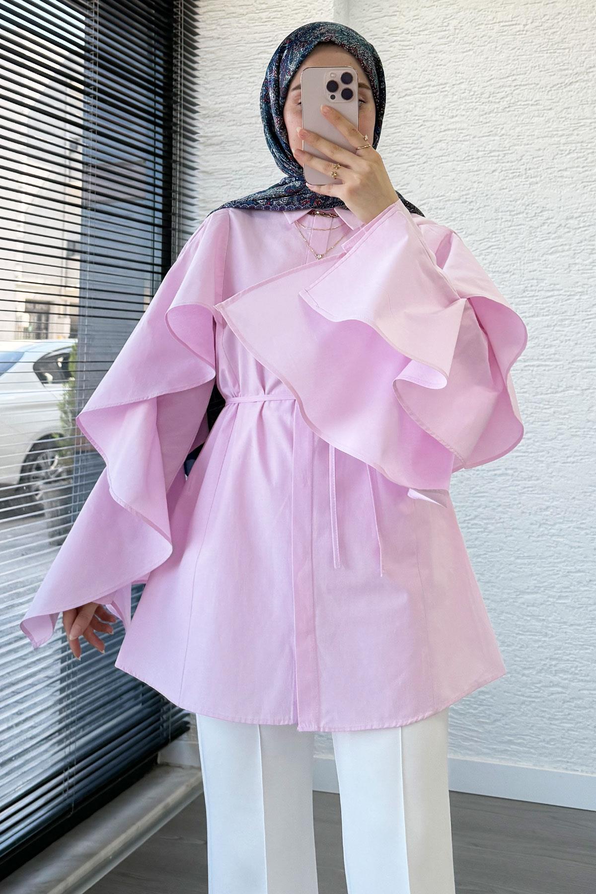 Premium Kol Volanlı Poplin Tunik – Pembe