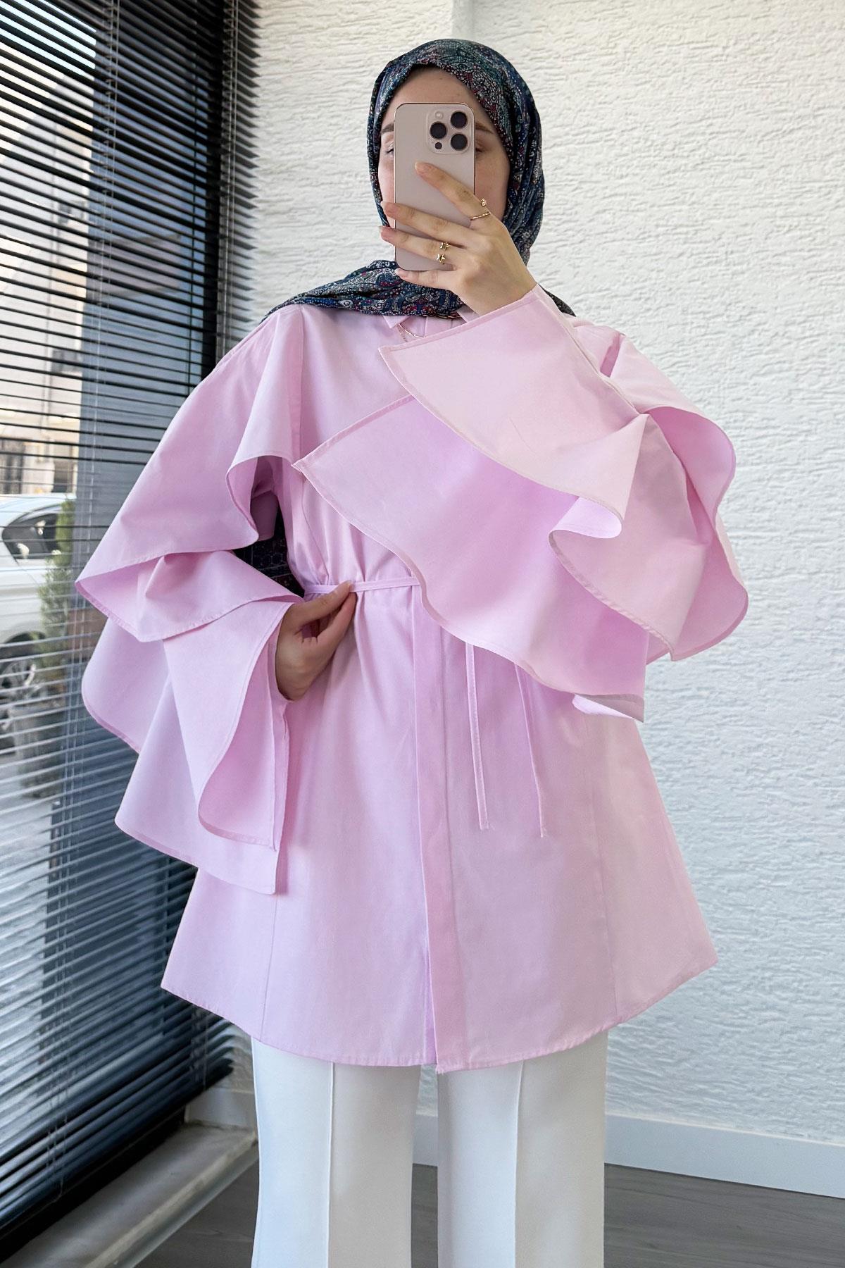 Premium Kol Volanlı Poplin Tunik – Pembe