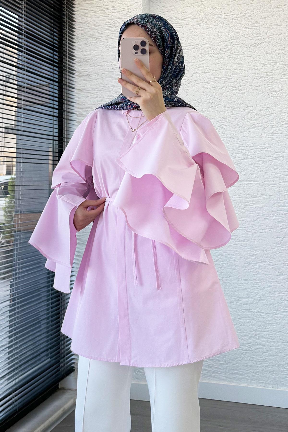 Premium Kol Volanlı Poplin Tunik – Pembe
