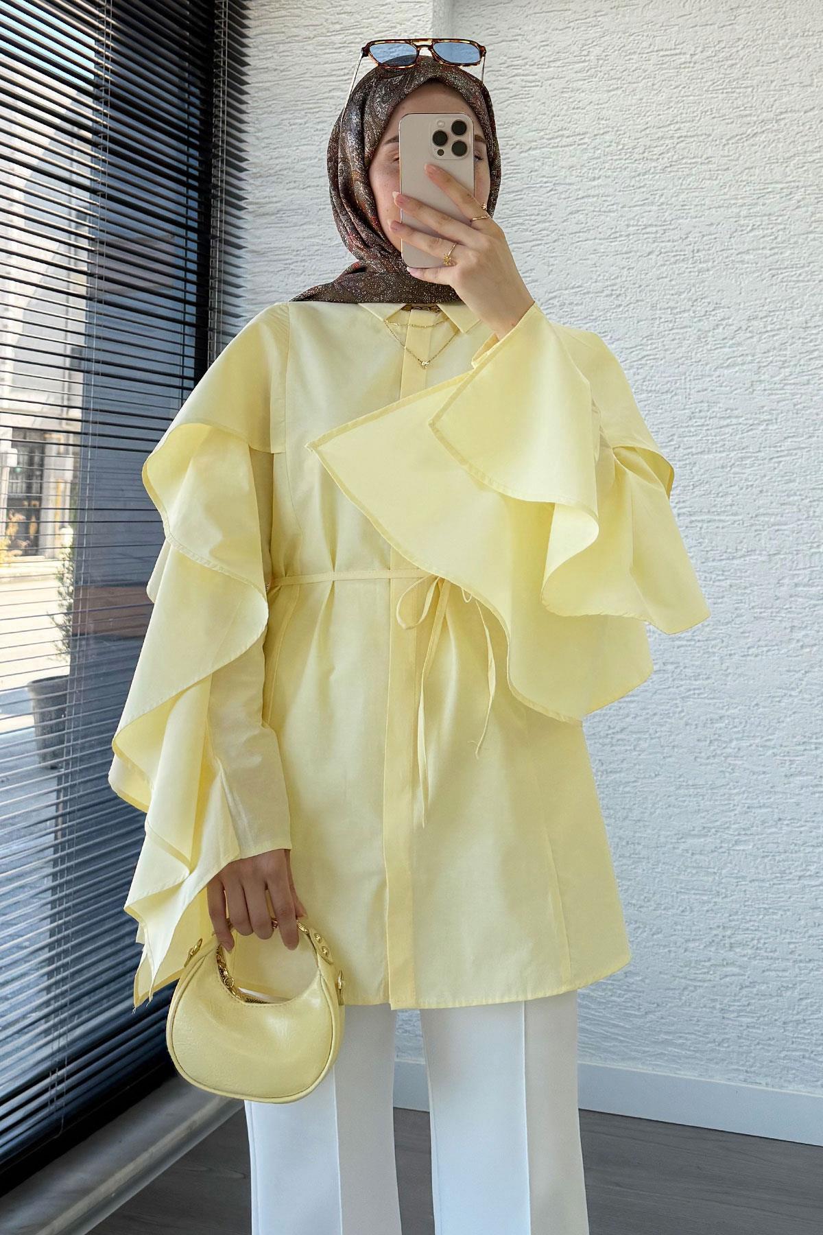 Premium Kol Volanlı Poplin Tunik – Sarı