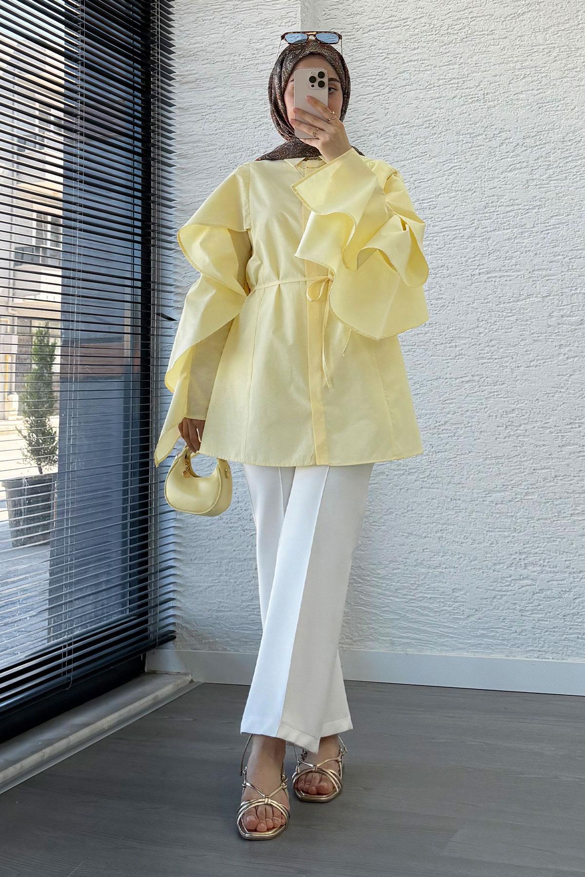 Premium Kol Volanlı Poplin Tunik – Sarı