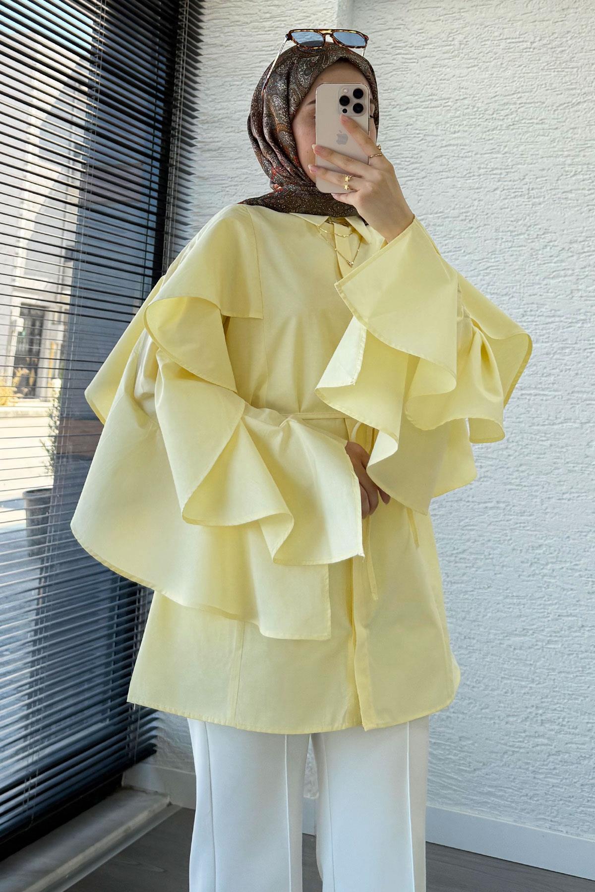 Premium Kol Volanlı Poplin Tunik – Sarı