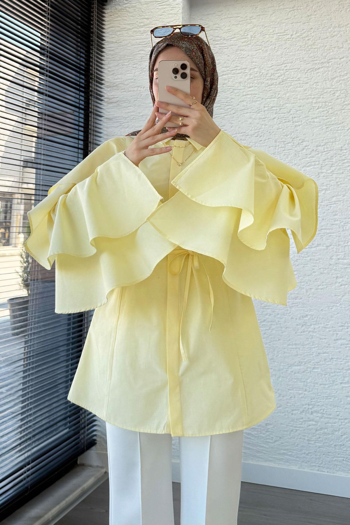 Premium Kol Volanlı Poplin Tunik – Sarı