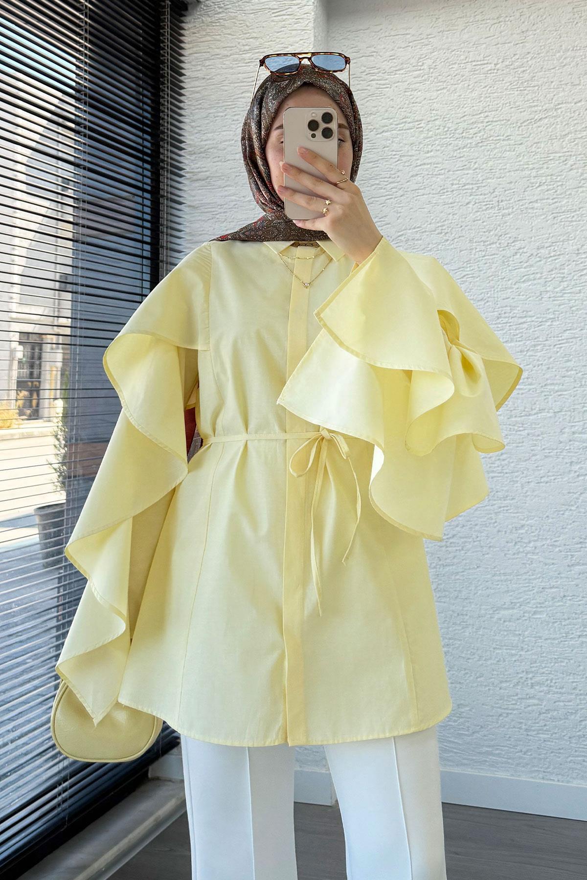 Premium Kol Volanlı Poplin Tunik – Sarı