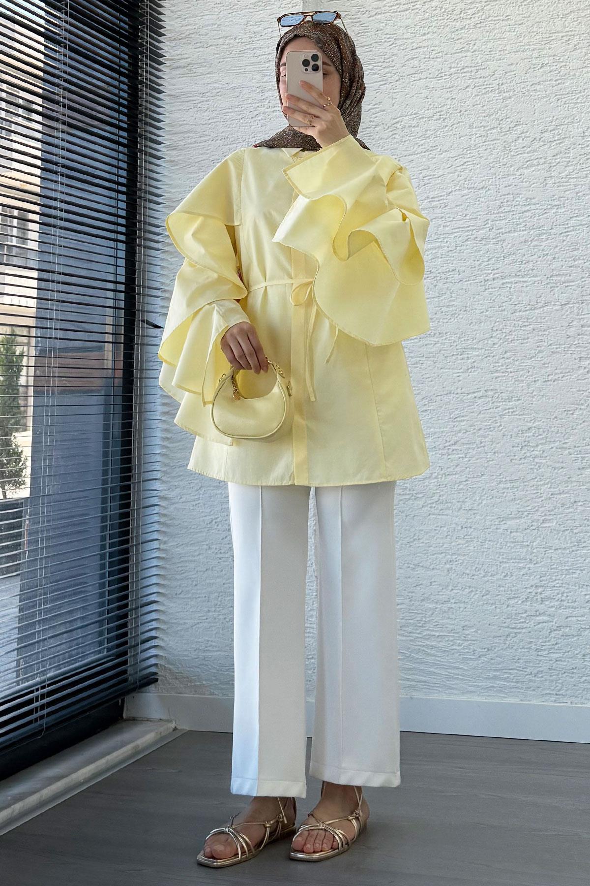 Premium Kol Volanlı Poplin Tunik – Sarı