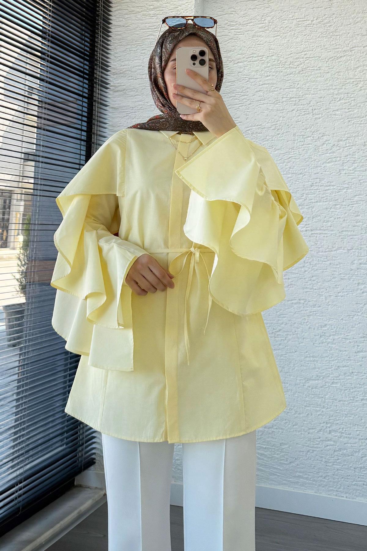 Premium Kol Volanlı Poplin Tunik – Sarı