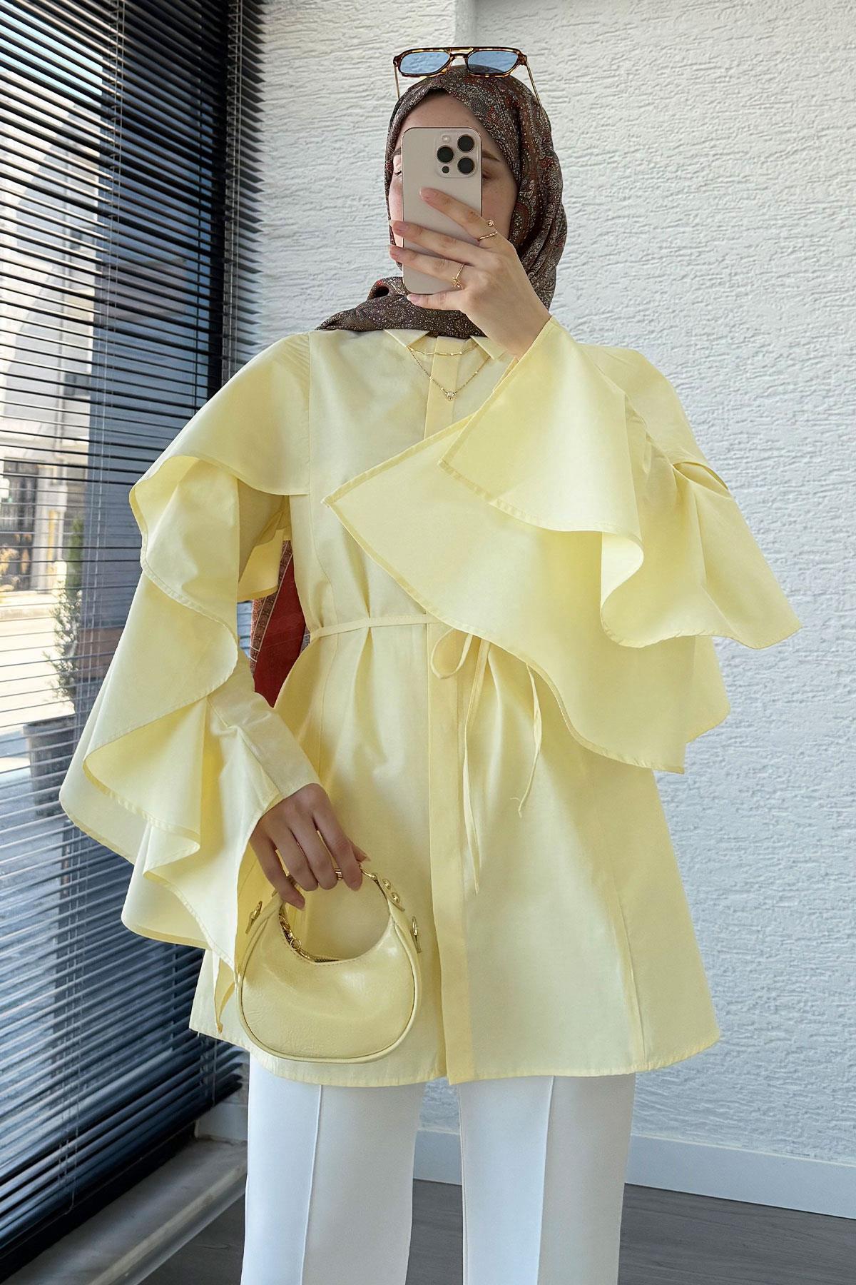 Premium Kol Volanlı Poplin Tunik – Sarı