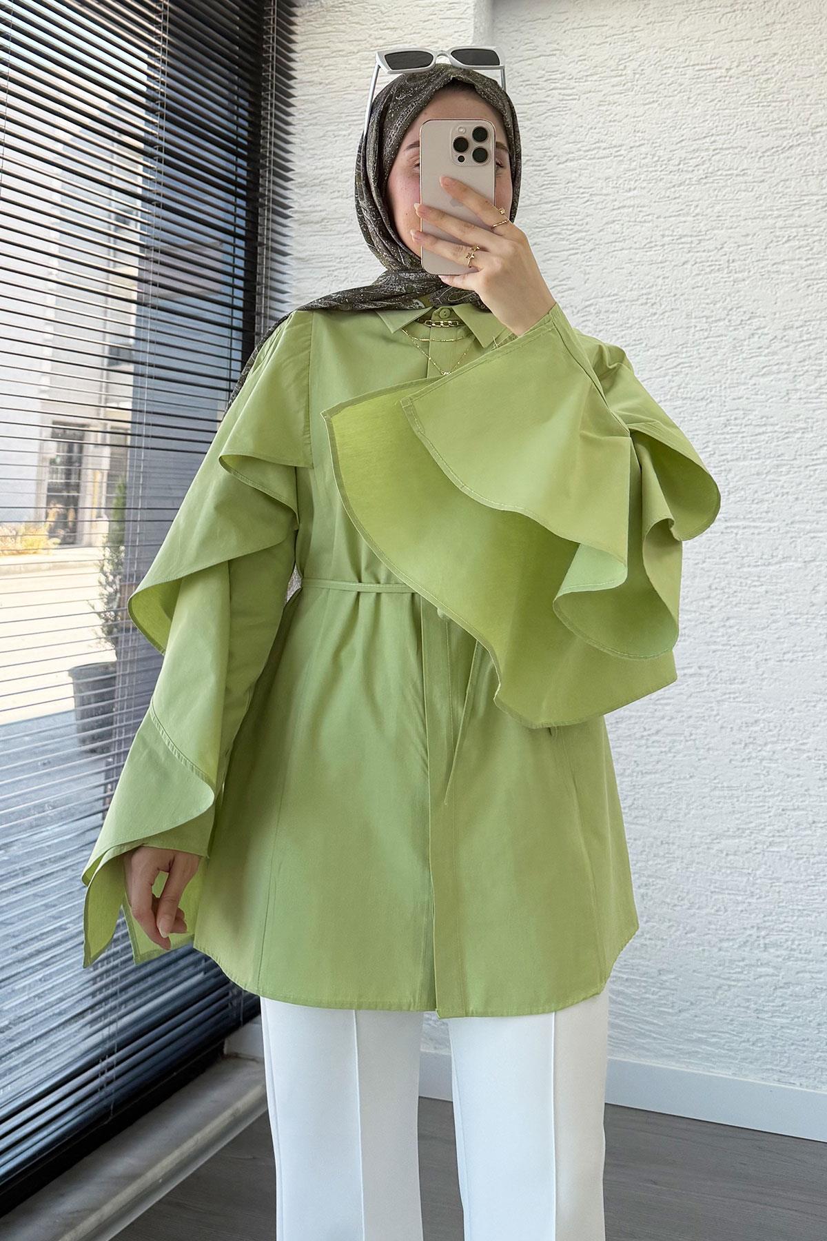 Premium Kol Volanlı Poplin Tunik – Yeşil