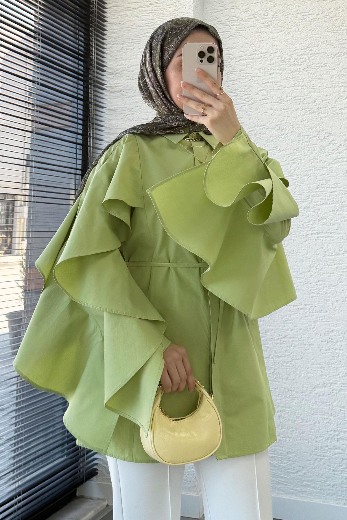 Premium Kol Volanlı Poplin Tunik – Yeşil