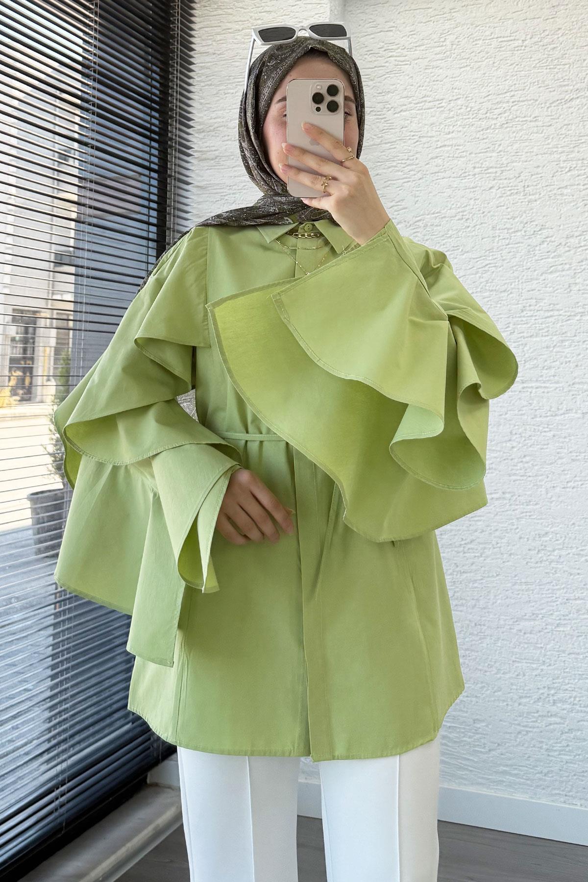 Premium Kol Volanlı Poplin Tunik – Yeşil
