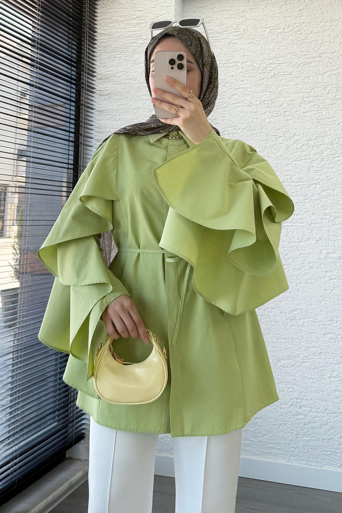 Premium Kol Volanlı Poplin Tunik – Yeşil