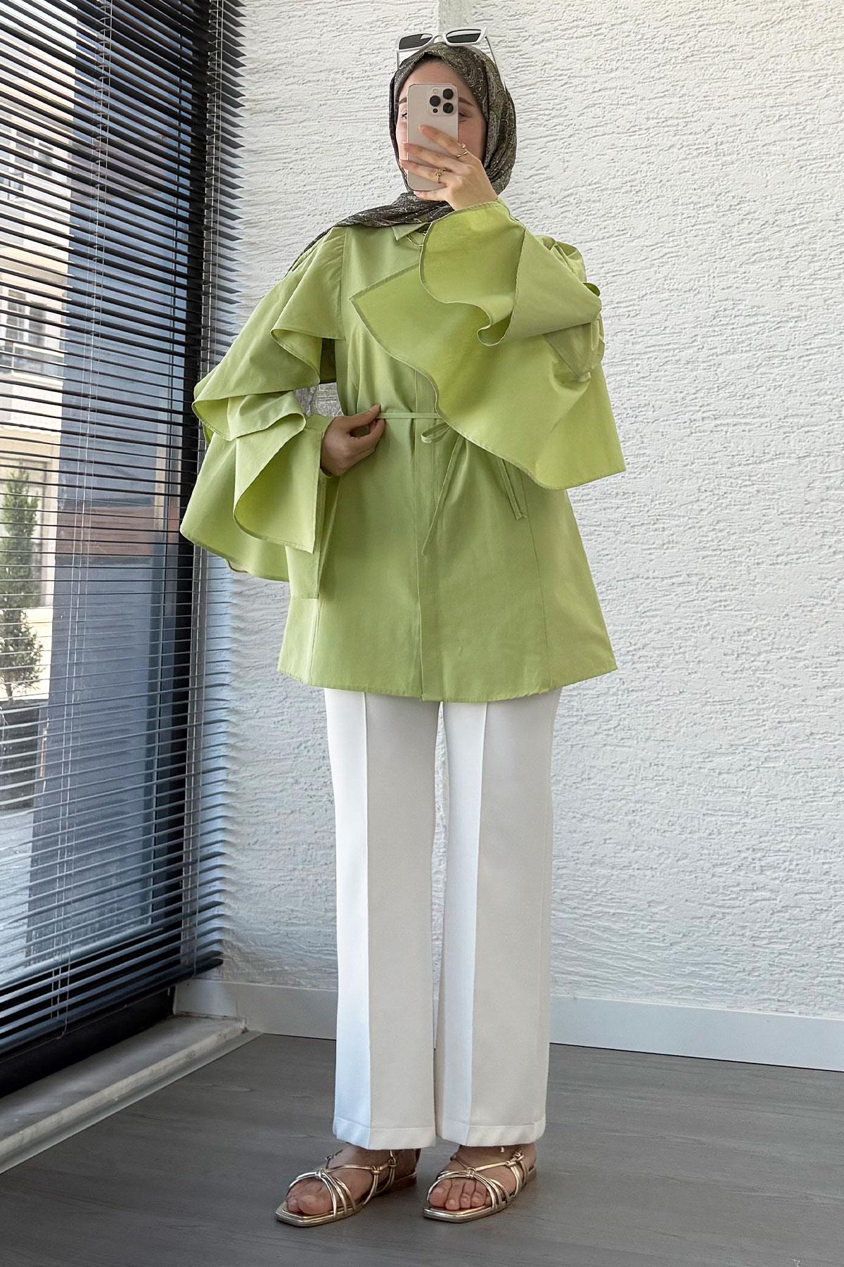 Premium Kol Volanlı Poplin Tunik – Yeşil