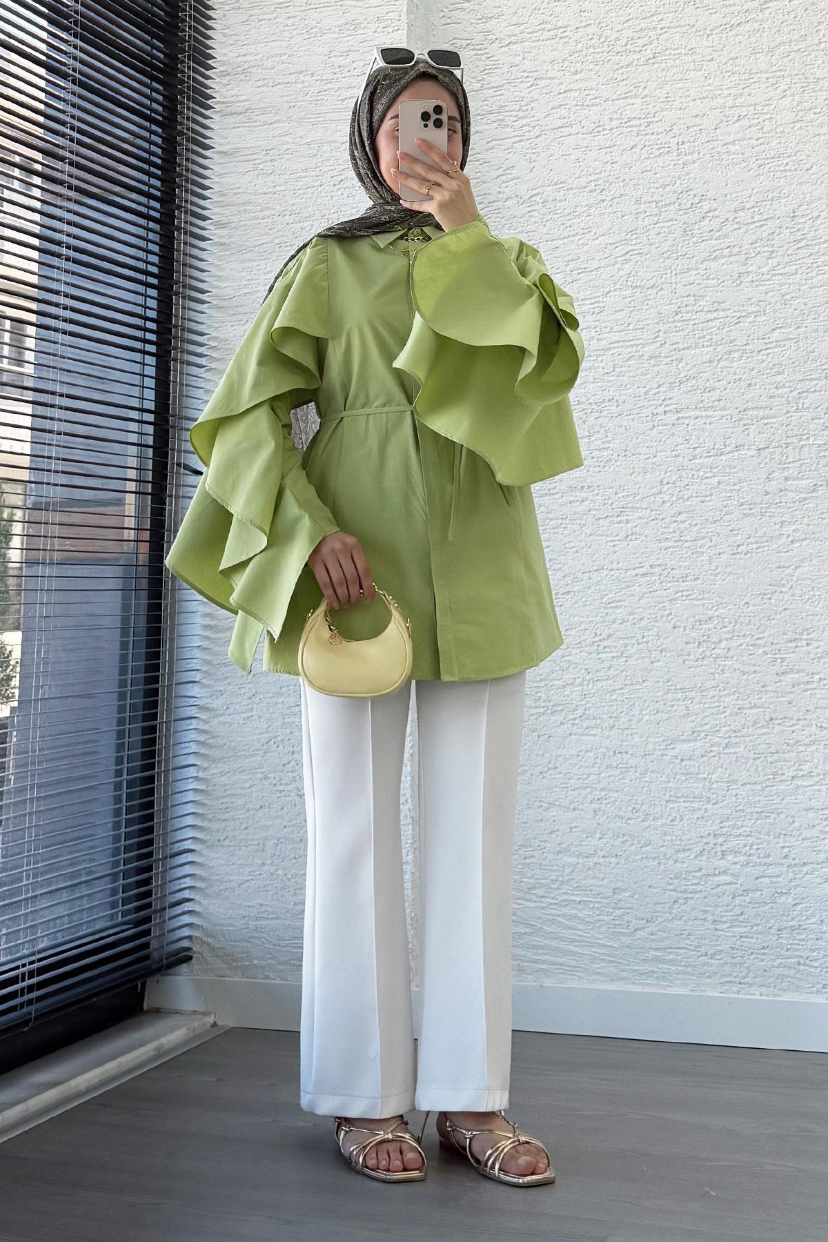 Premium Kol Volanlı Poplin Tunik – Yeşil