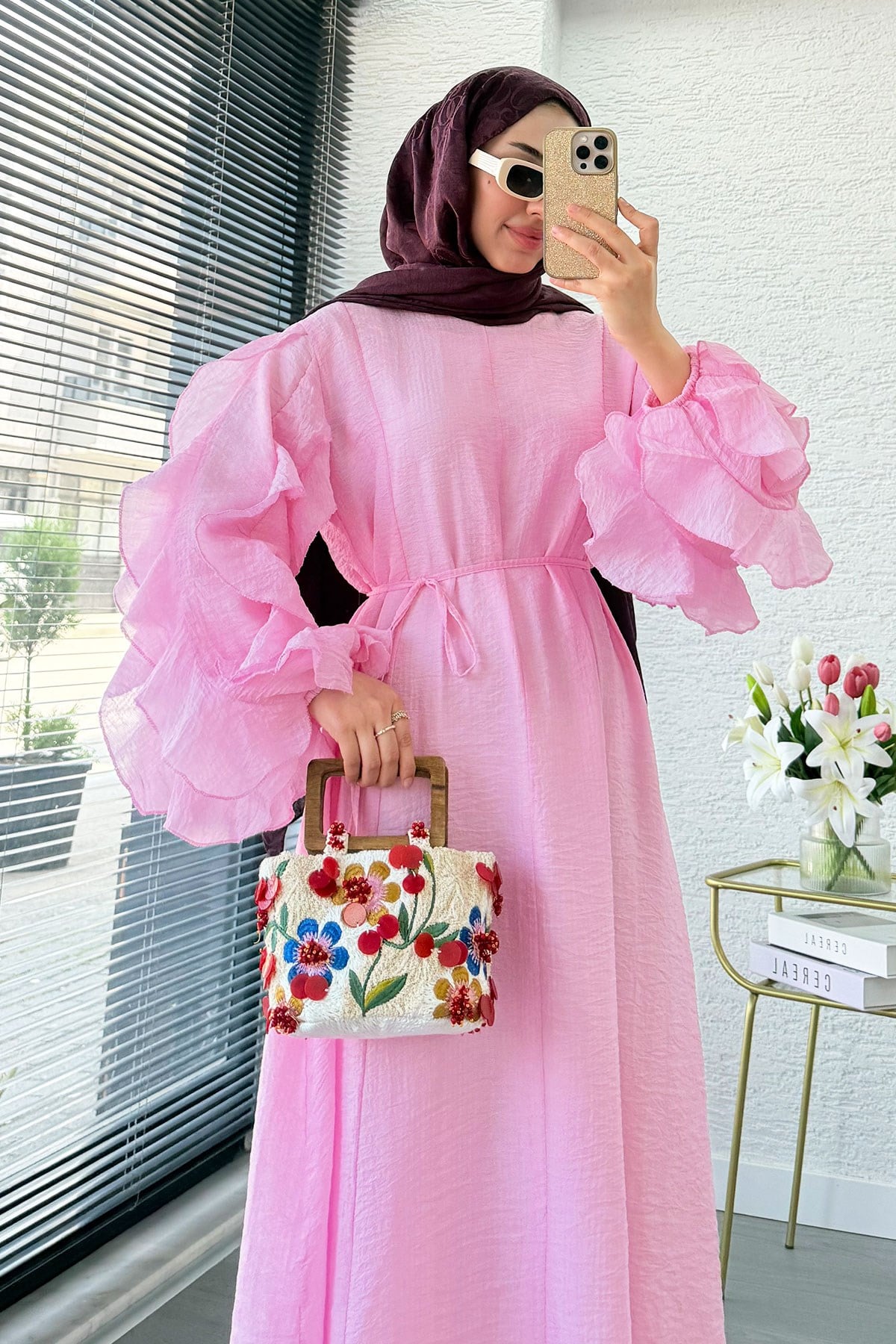 Premium Kolları Fırfır Detaylı Tül Jakar Elbise - Pembe