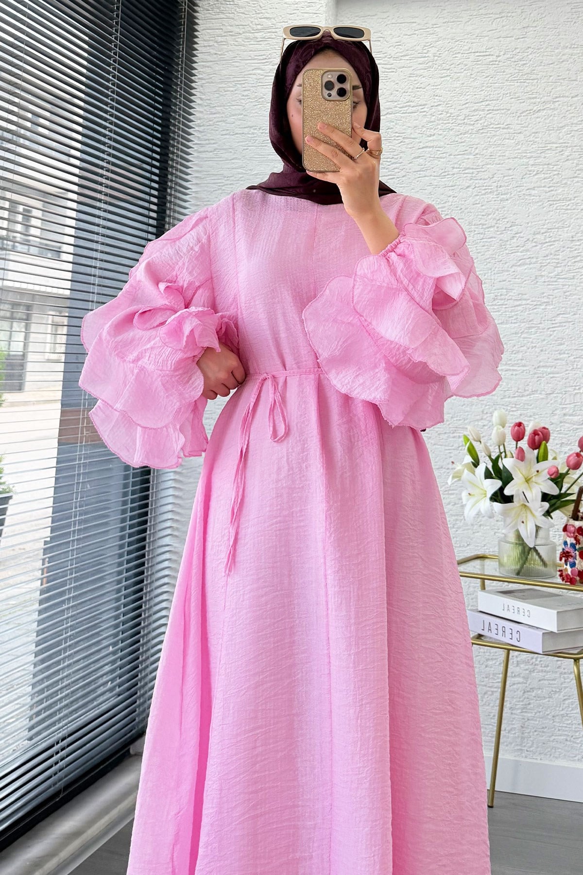 Premium Kolları Fırfır Detaylı Tül Jakar Elbise - Pembe