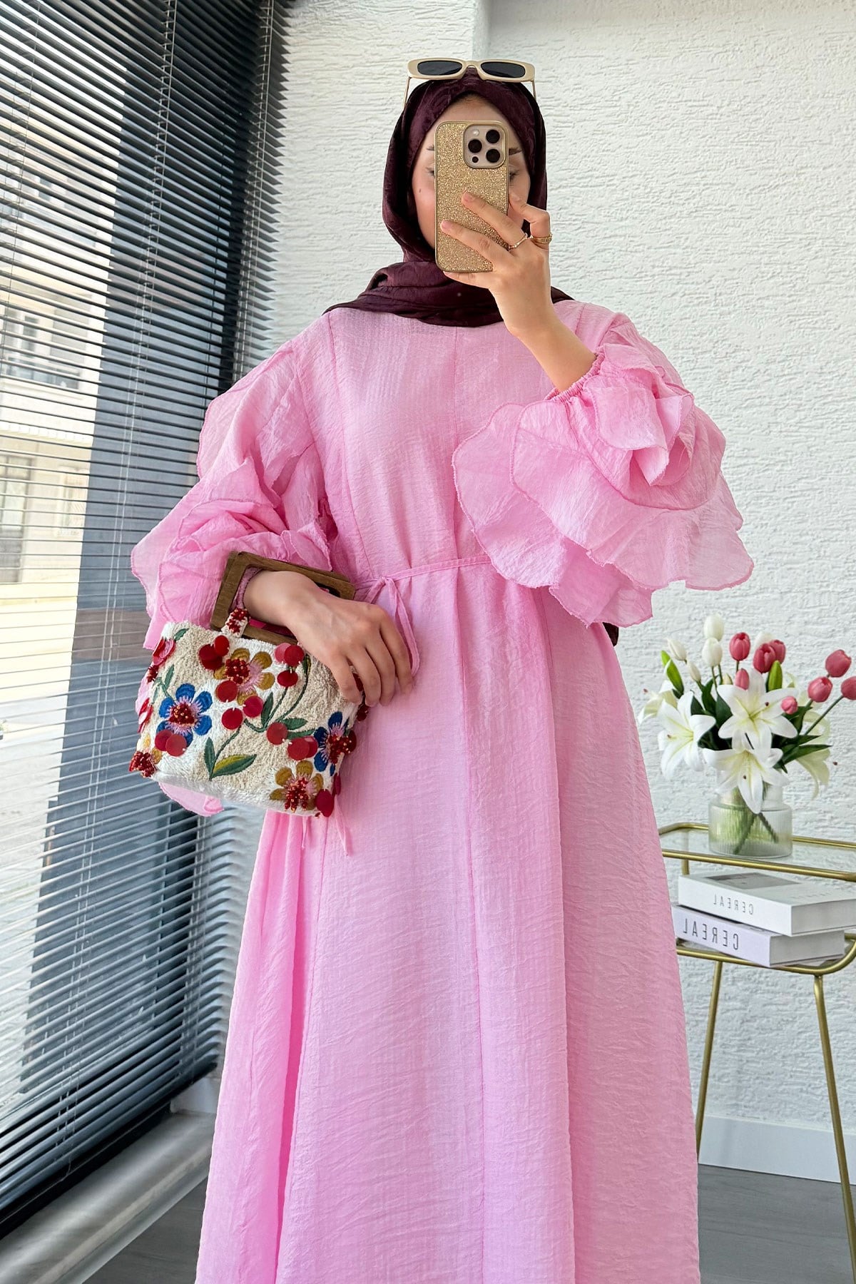 Premium Kolları Fırfır Detaylı Tül Jakar Elbise - Pembe