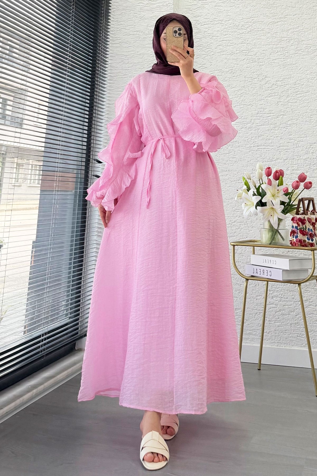 Premium Kolları Fırfır Detaylı Tül Jakar Elbise - Pembe