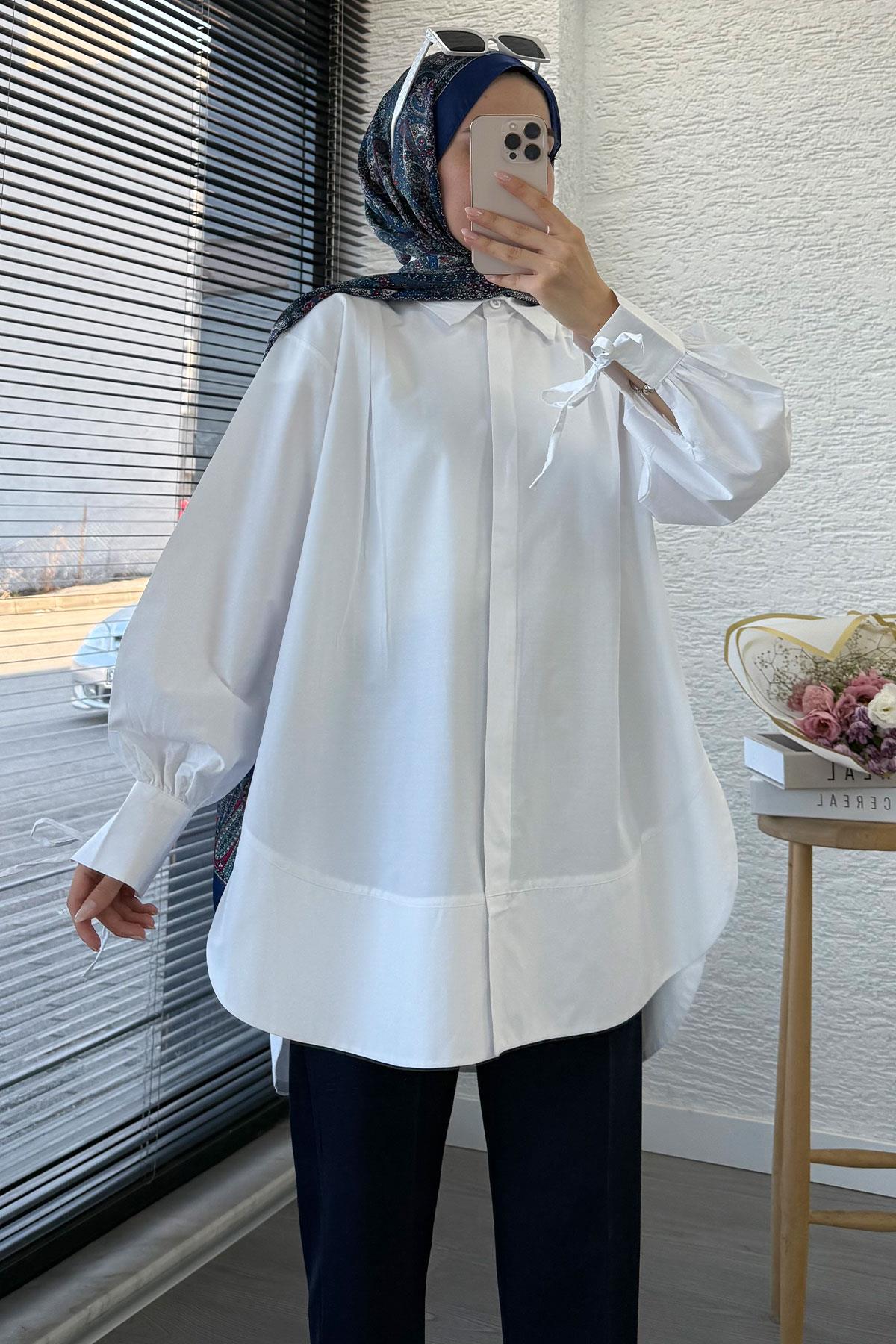 Premium Kolu Bağlamalı Pensli Poplin Tunik - Beyaz