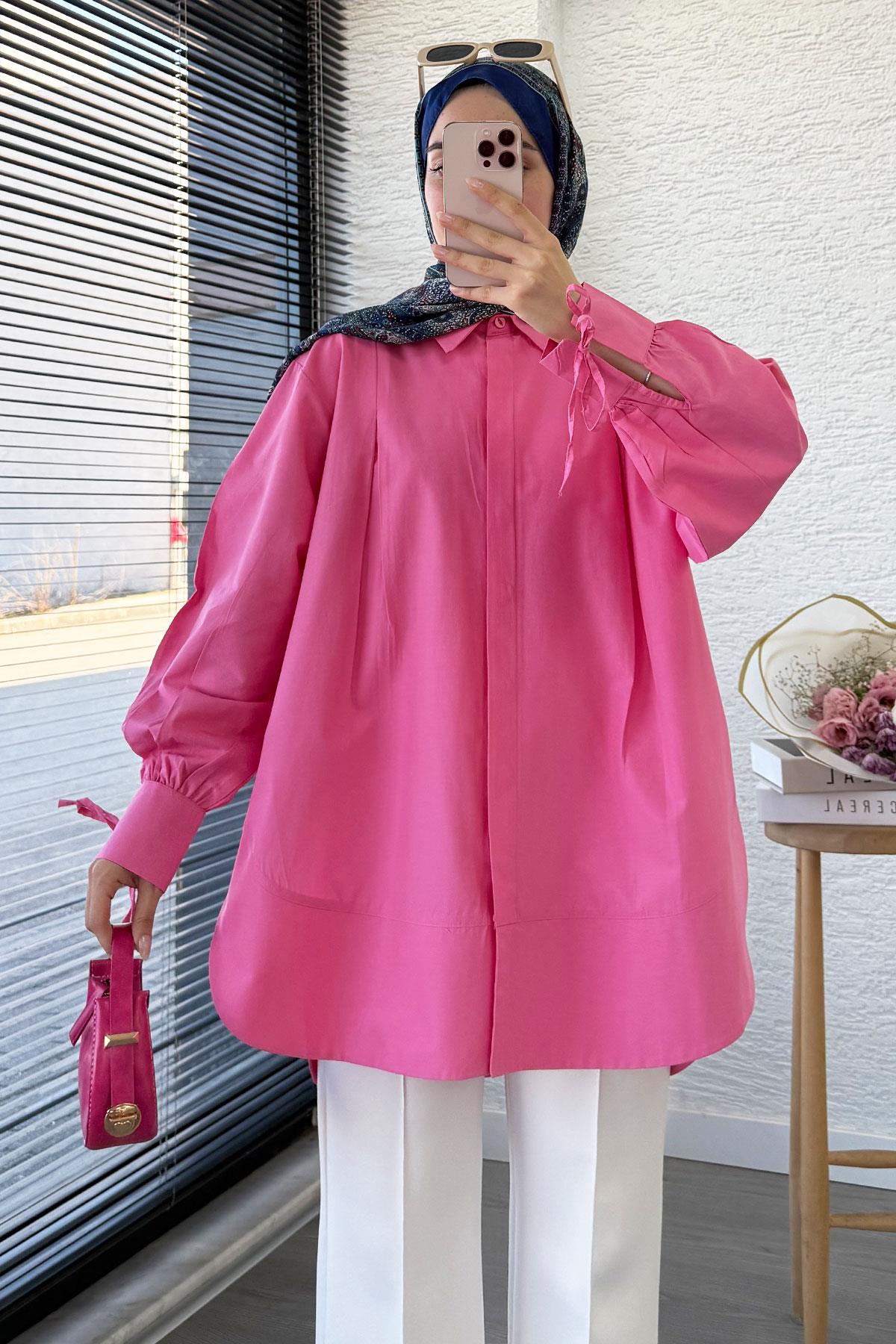 Premium Kolu Bağlamalı Pensli Poplin Tunik - Pembe
