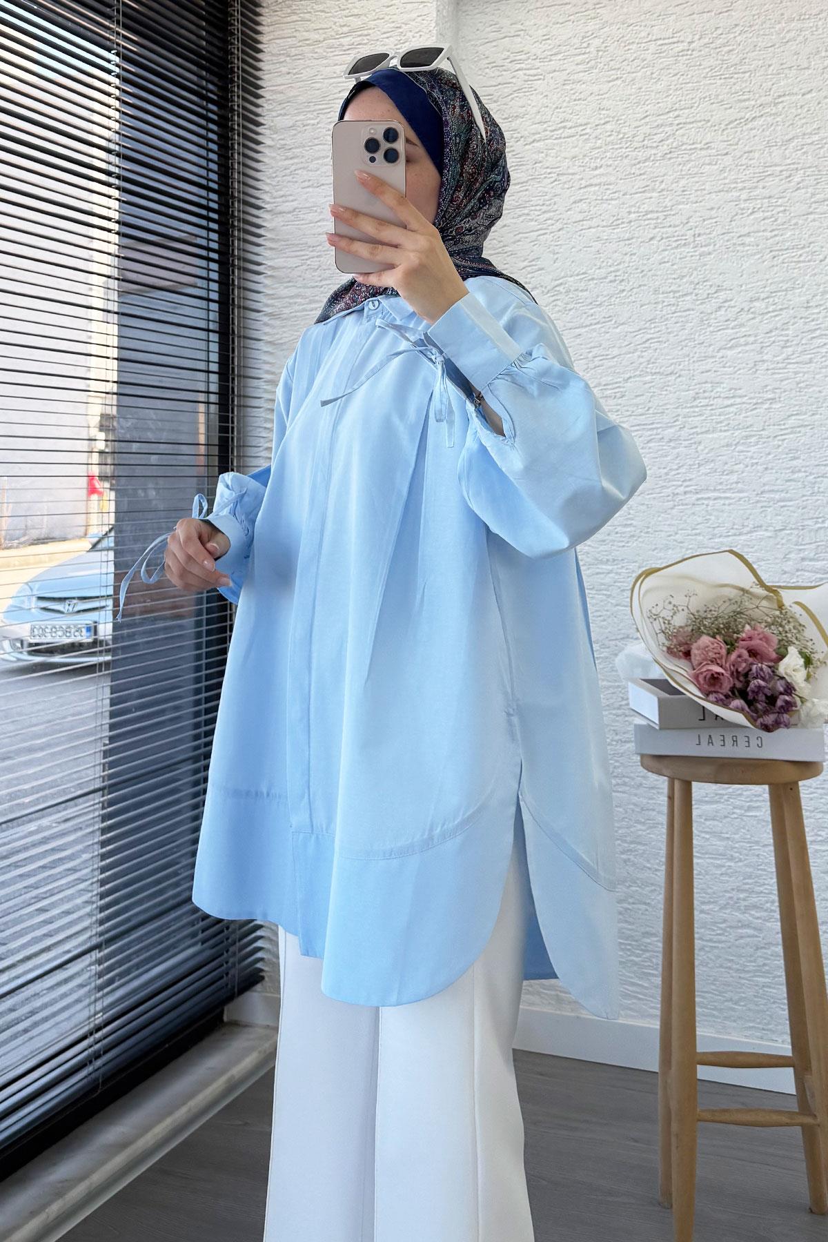 Premium Kolu Bağlamalı Pensli Poplin Tunik - Mavi