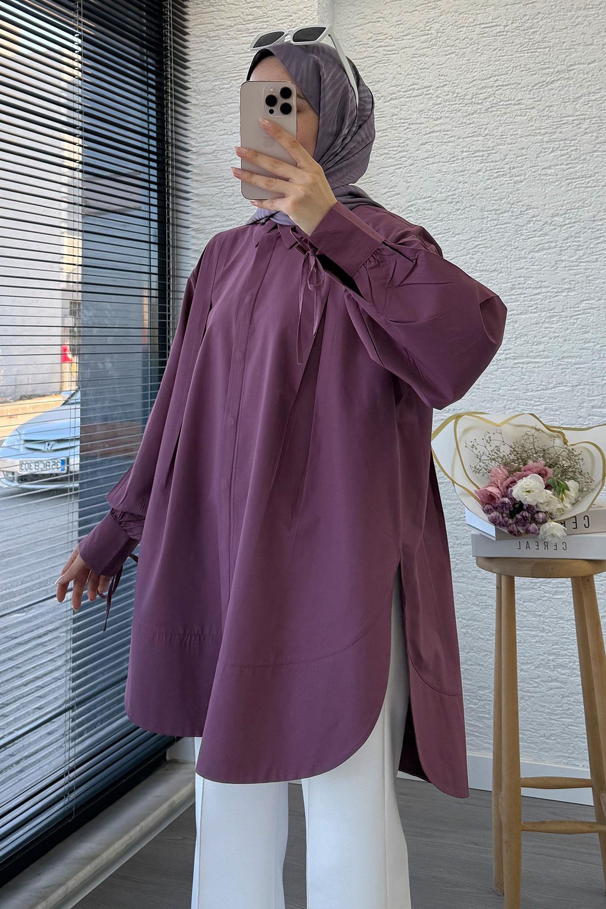 Premium Kolu Bağlamalı Pensli Poplin Tunik - Mürdüm