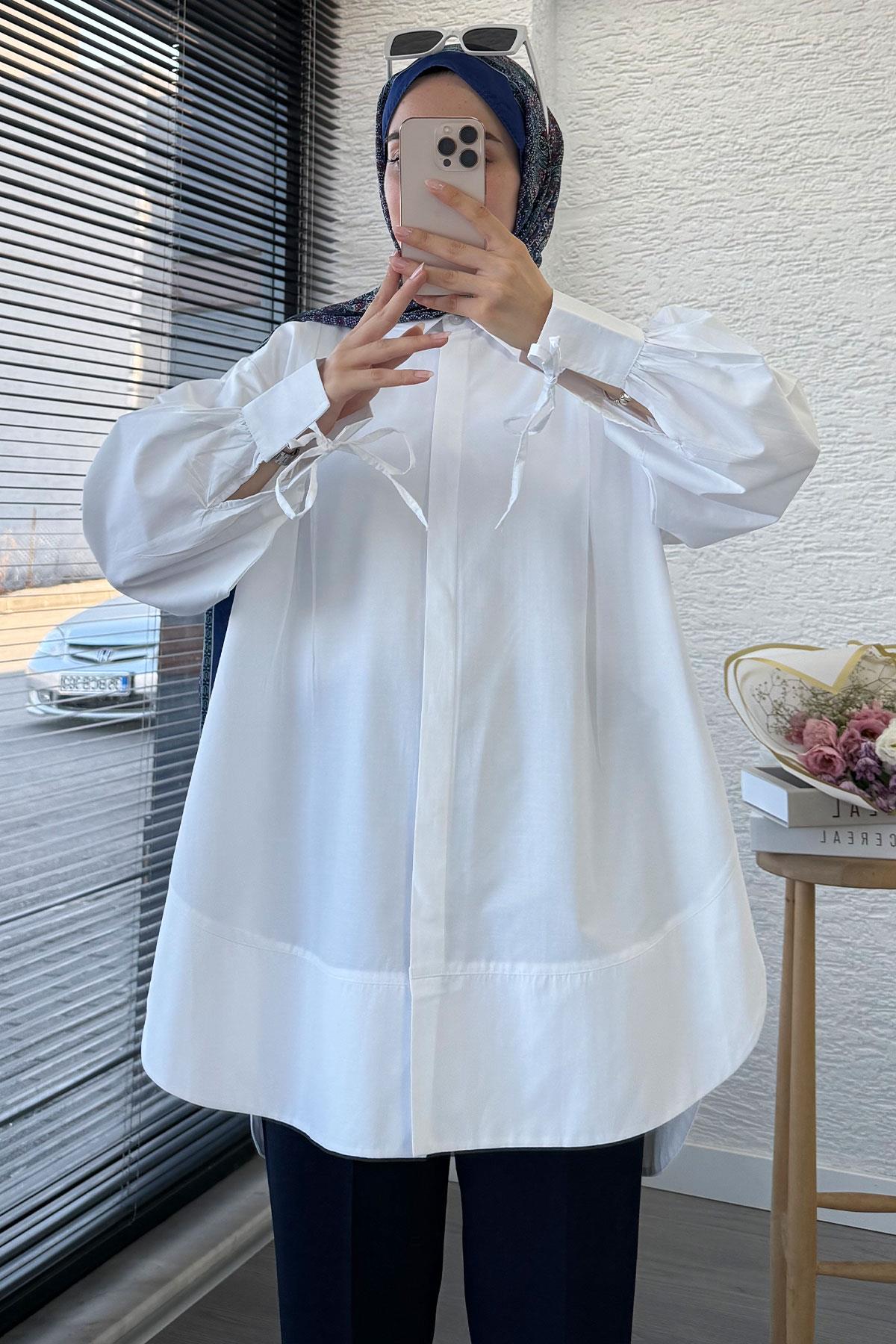 Premium Kolu Bağlamalı Pensli Poplin Tunik - Beyaz