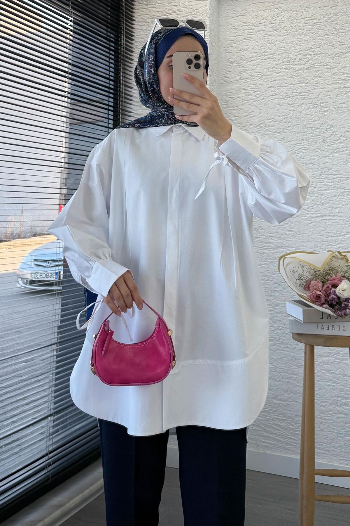 Premium Kolu Bağlamalı Pensli Poplin Tunik - Beyaz