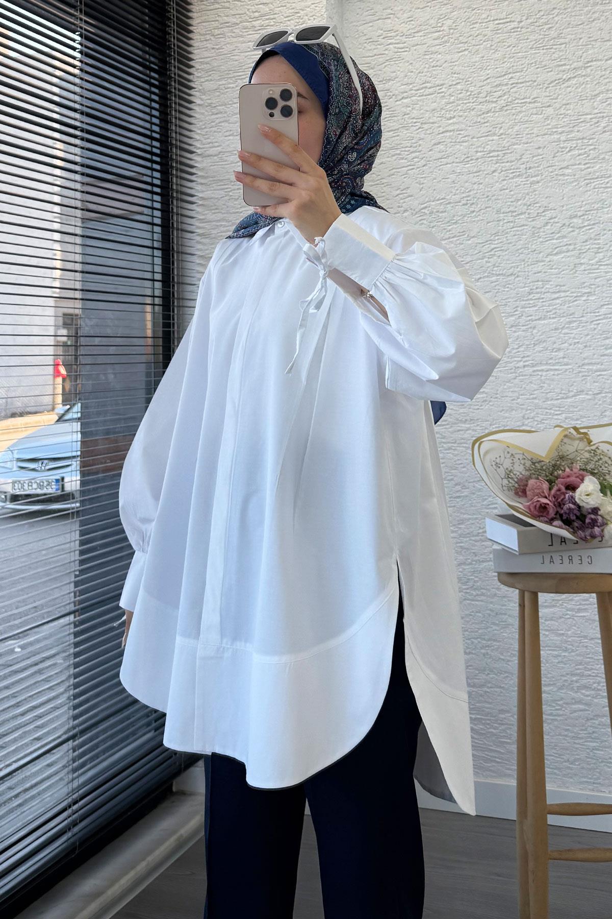 Premium Kolu Bağlamalı Pensli Poplin Tunik - Beyaz