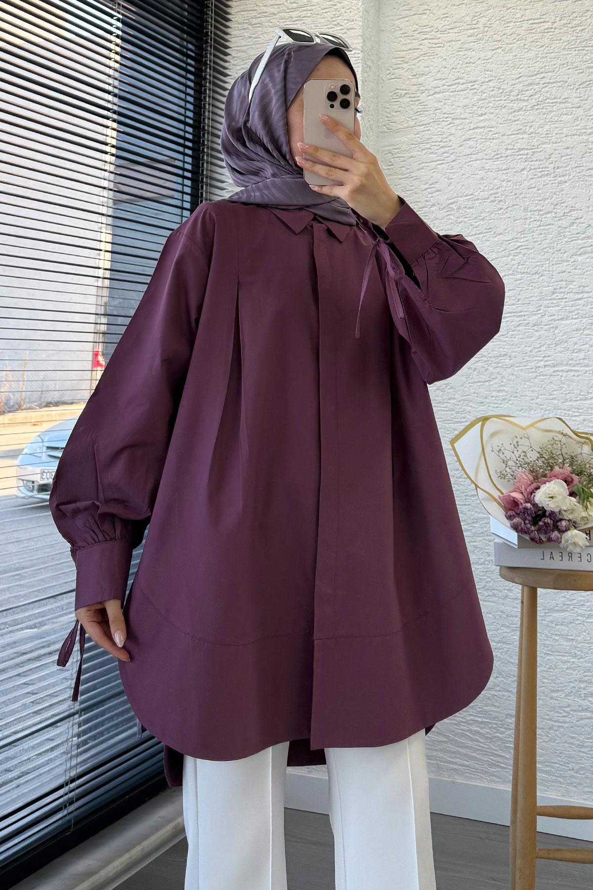 Premium Kolu Bağlamalı Pensli Poplin Tunik - Mürdüm