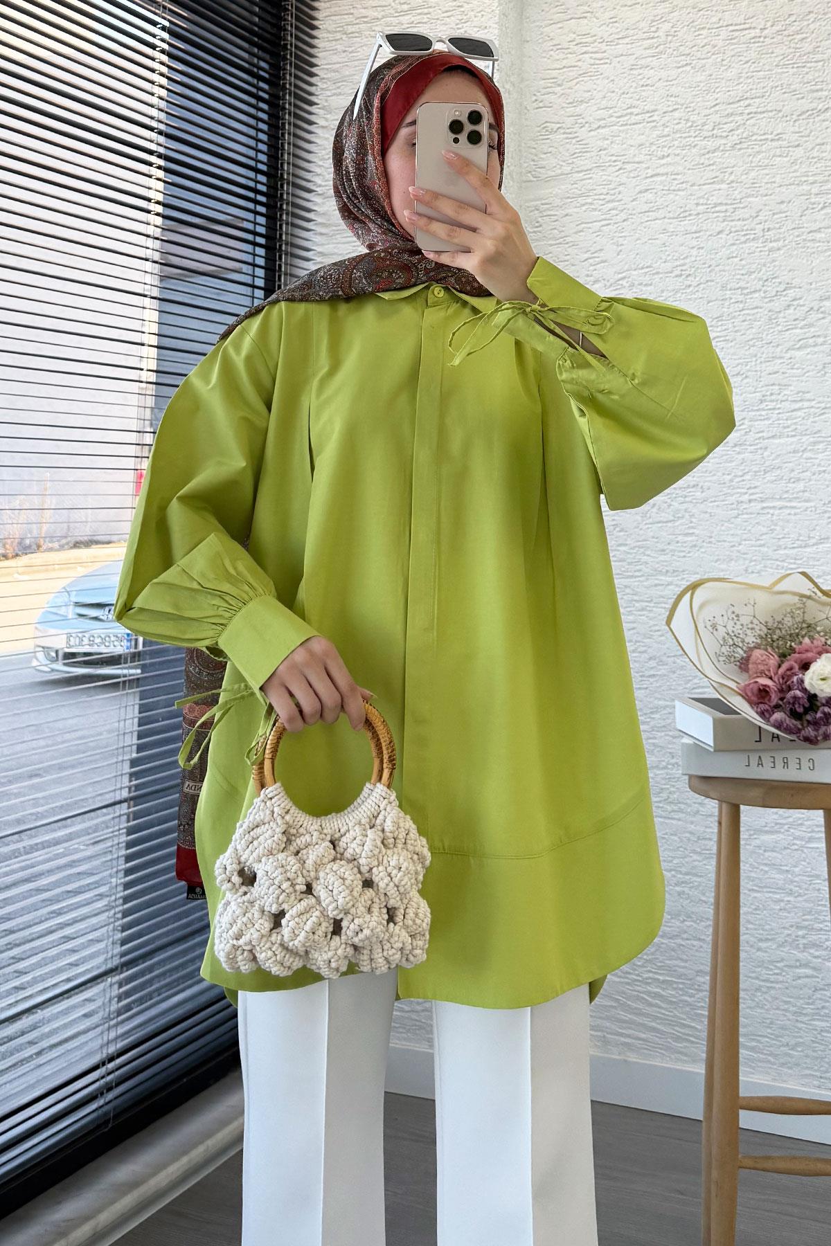 Premium Kolu Bağlamalı Pensli Poplin Tunik - Yeşil