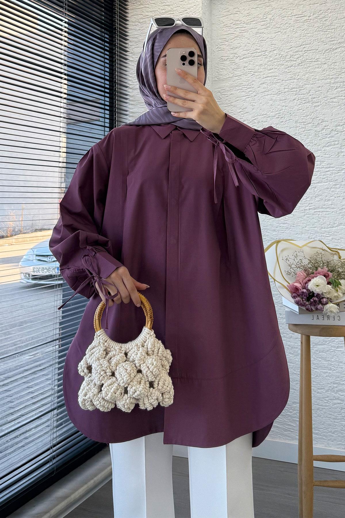 Premium Kolu Bağlamalı Pensli Poplin Tunik - Mürdüm