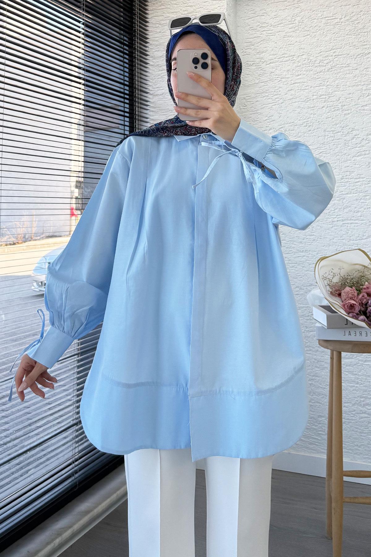 Premium Kolu Bağlamalı Pensli Poplin Tunik - Mavi