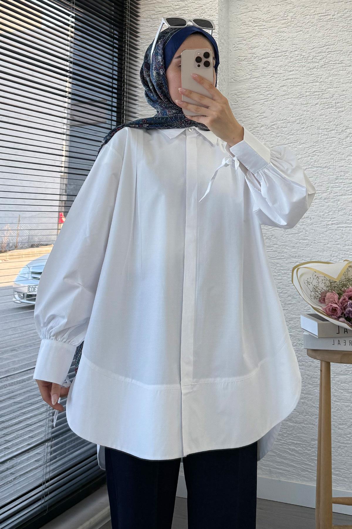 Premium Kolu Bağlamalı Pensli Poplin Tunik - Beyaz