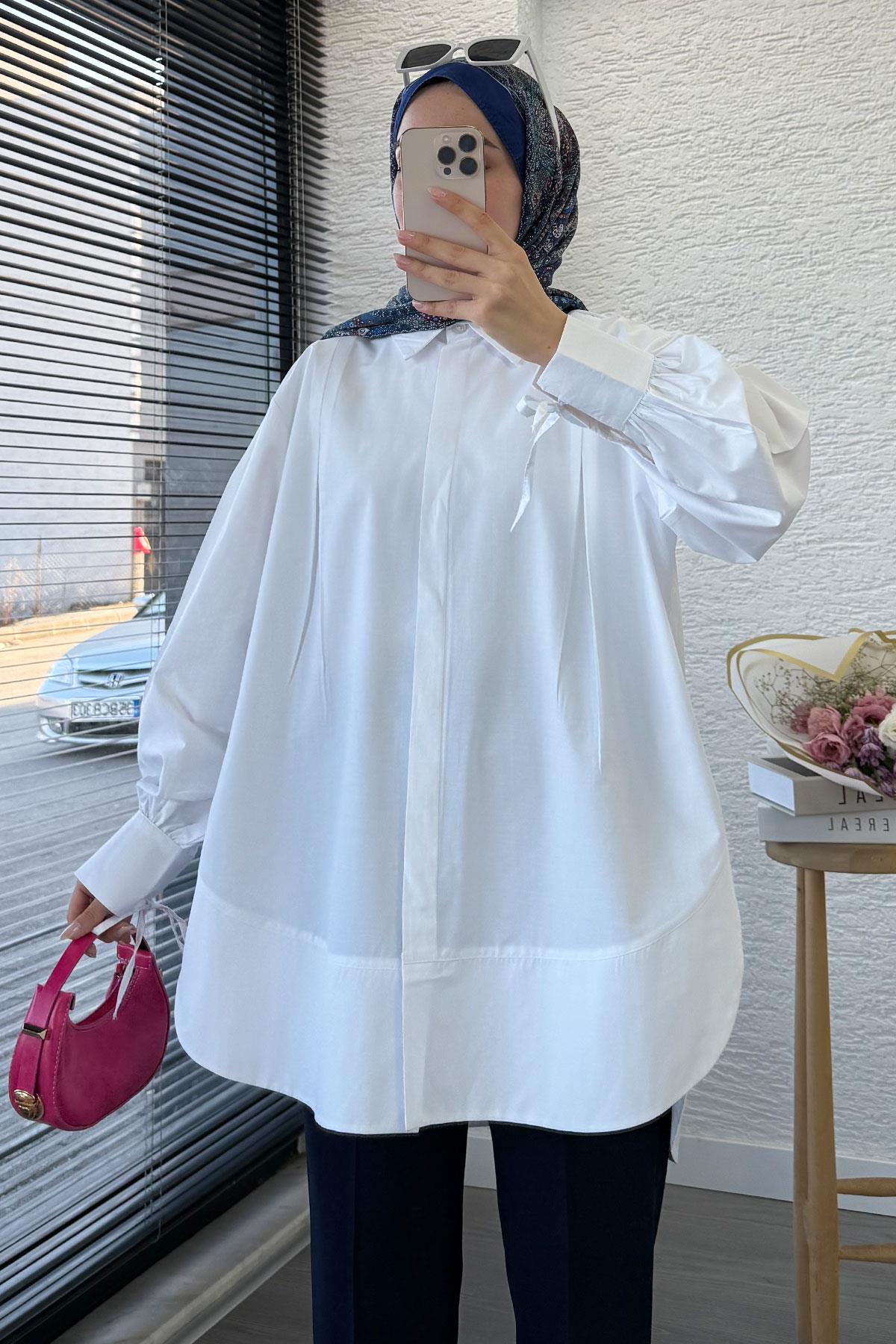 Premium Kolu Bağlamalı Pensli Poplin Tunik - Beyaz