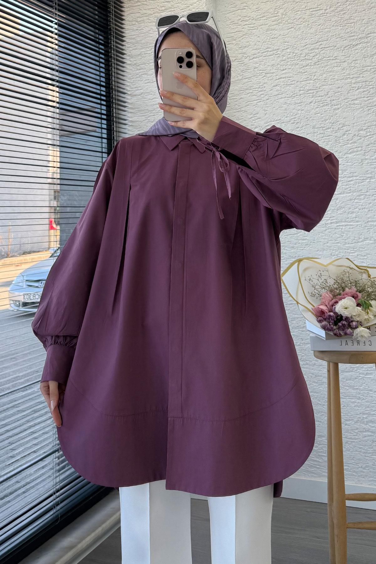 Premium Kolu Bağlamalı Pensli Poplin Tunik - Mürdüm